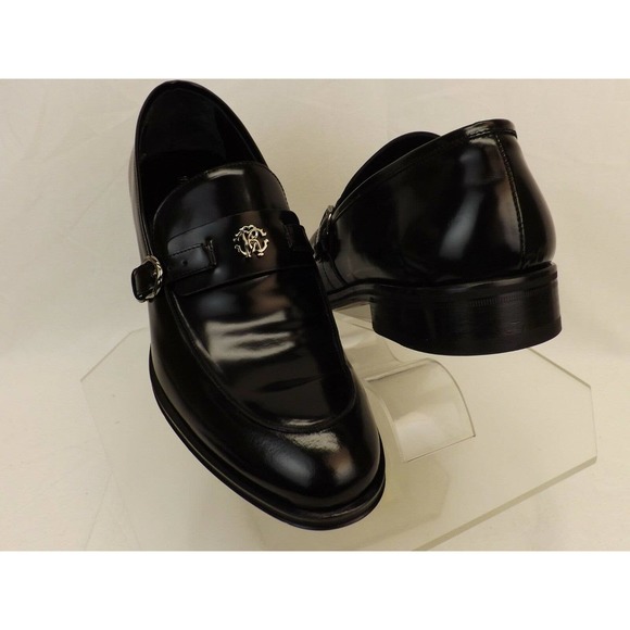 NIB ROBERTO CAVALLI BLACK LEATHER BELTED BUCKLE LOGO LOAFERS 41 US 8 ITALY main image 9